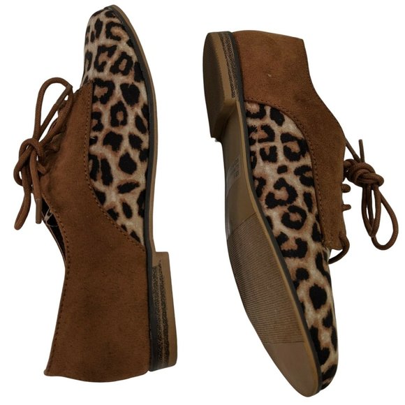 Qupid Girl's Brown Black Suede Leopard Print Lace Up Low Top Oxford Shoes Size 6 - Picture 7 of 10